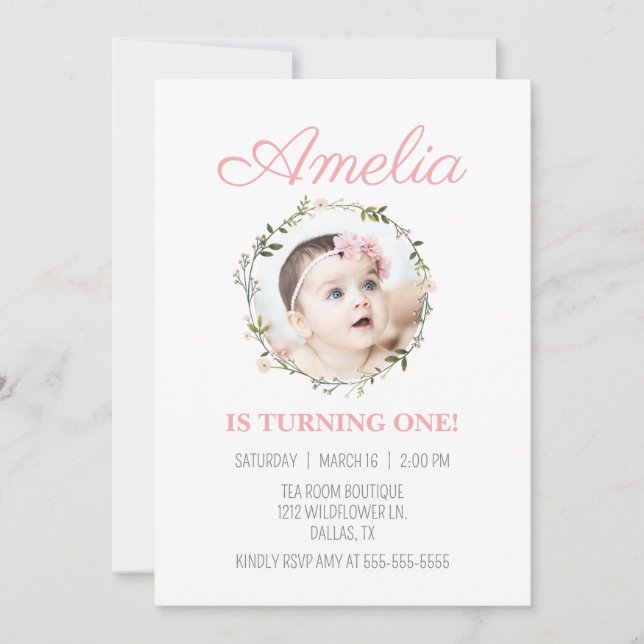 Wildblomma Daety Rosa Flower Photo Girl Birthday Inbjudningar (Framsida)