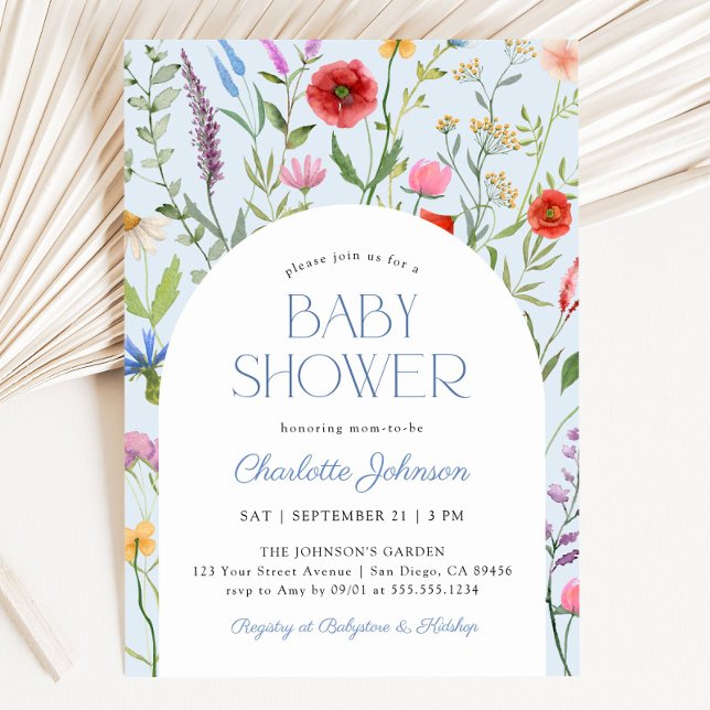 Wildblomma Dusty Blue Boy Baby Shower Inbjudningar (Wildflower Dusty Blue Boy Baby Shower Invitation)