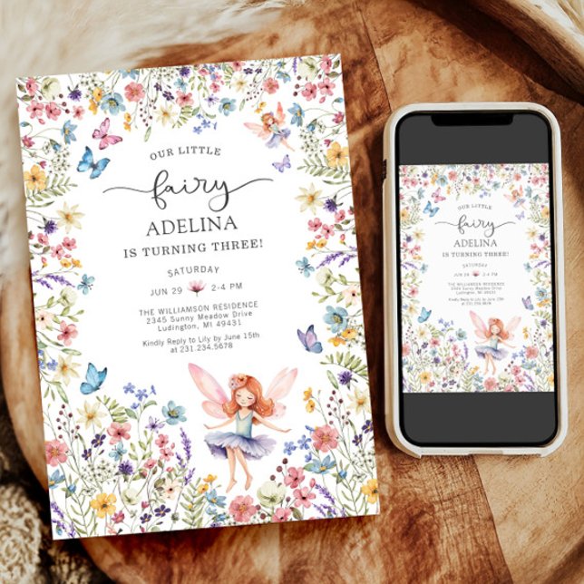 Wildblomma Fairy Butterfly 3:e födelsedagsinbjudan Inbjudningar (Wildflower Fairy Butterfly 3rd Birthday Invitation)