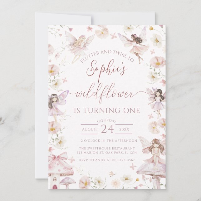Wildblomma Fairy First 1st Birthday Party Inbjudningar (Framsida)