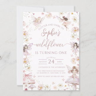 Wildblomma Fairy First 1st Birthday Party Inbjudningar