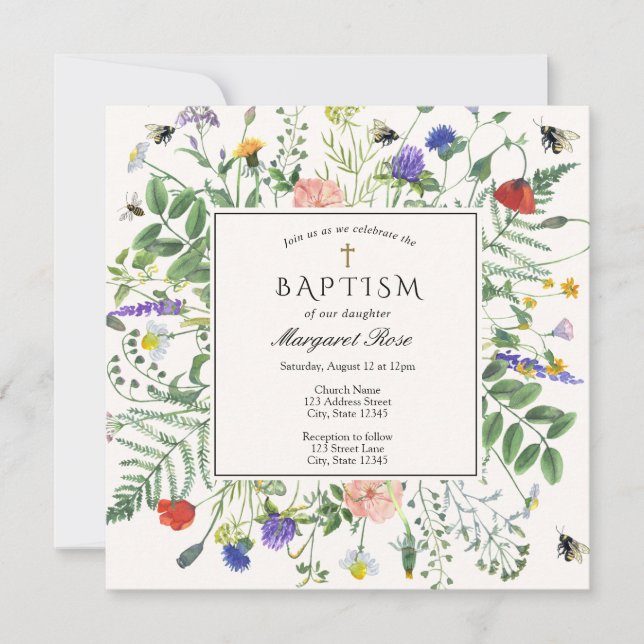 Wildblomma Fält och honungsbin Baptism Inbjudningar (Framsida)