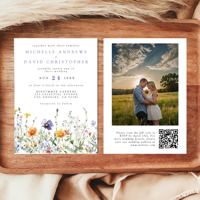 Wildblomma Fält QR-kod Bröllop Photo Inbjudningar (Skapare uppladdad)
