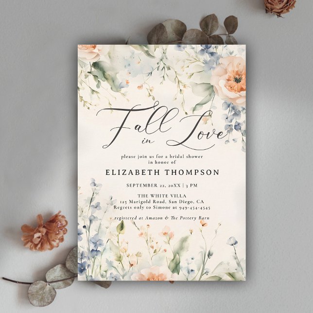 Wildblomma Fête Romantic Fall Kärlek Möhippa Inbjudningar (fall in love bridal shower invitation wildflowers terracotta watercolor elegant modern feminine chic)