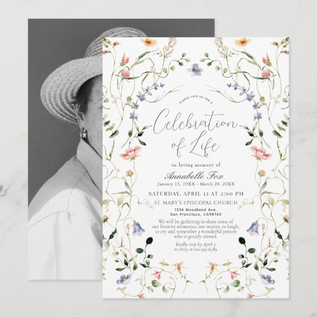 Wildblomma Firande av Life Funeral Memorial Inbjudningar (Fram/baksida)