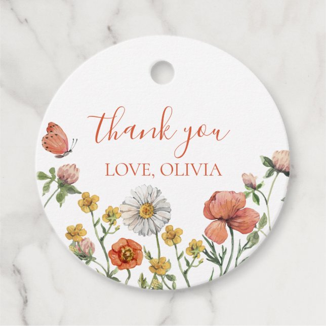 Wildblomma First Birthday Tack Gåvor Etiketter (Framsida)