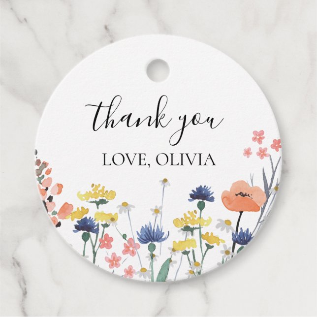 Wildblomma First Birthday Tack Gåvor Etiketter (Framsida)