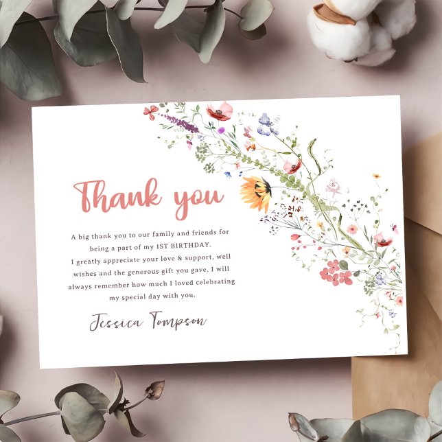 Wildblomma Flicka 1:a födelsedagen Party Tack Kort (Skapare uppladdad)