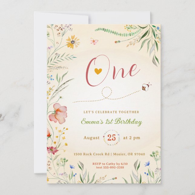 Wildblomma Flicka 1:a sommarens födelsedag Inbjudningar (Framsida)