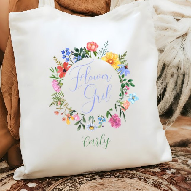 Wildblomma Flower Girl Bröllop Tygkasse (Flower Girl Bridal Party Tote Bag gift with watercolor floral wreath)
