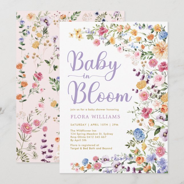 Wildblomma Garden Baby i Bloom Flicka Shower Inbjudningar (Fram/baksida)