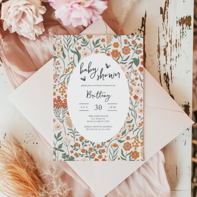 Wildblomma Garden Party Kön Neutral Baby Shower Inbjudningar (Fall Wildflower Baby Shower Invite)