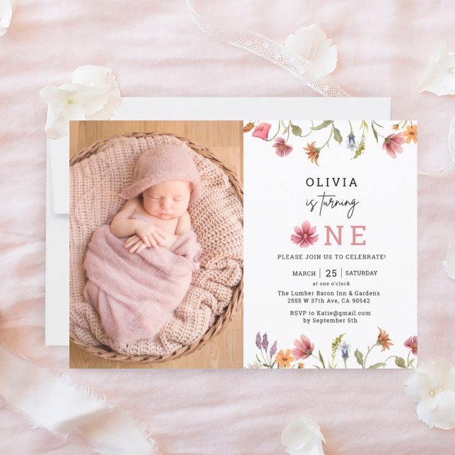 Wildblomma Girl First Birthday Photo Investigation Inbjudningar (Skapare uppladdad)