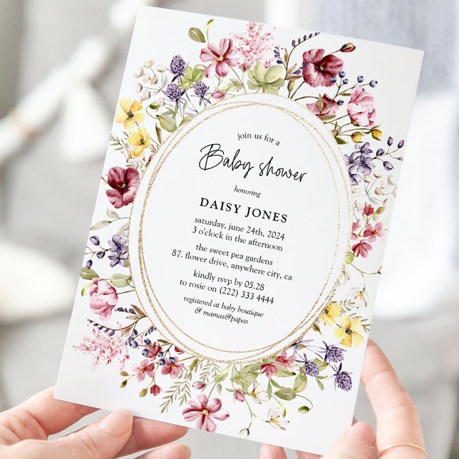 Wildblomma & Guld Oval Baby Shower Inbjudningar (Skapare uppladdad)