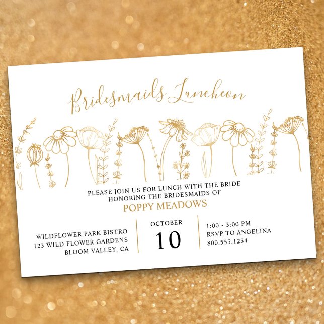 Wildblomma Guld Sketch Bridesmaids Luncheon Inbjudningar (Bridesmaids Luncheon invitation in White & Gold, from my Wildflower Sketch collection)