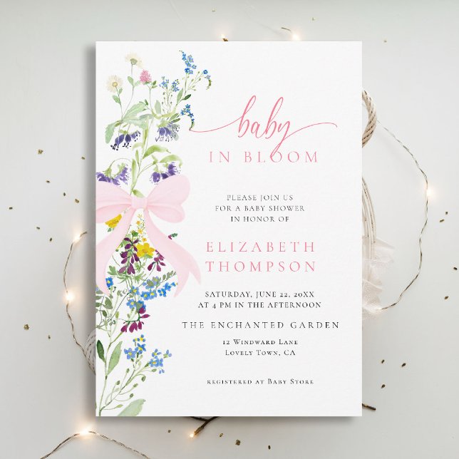 Wildblomma i Bloom Rosa Bow Girl Baby Shower Inbjudningar (wildflowers baby shower invitation in bloom elegant pink bow garden party watercolor modern)