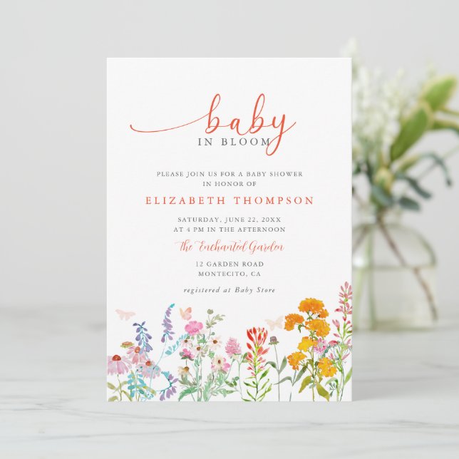 Wildblomma i Bloom Teal Orange Girl Baby Shower Inbjudningar (Stående Fram)