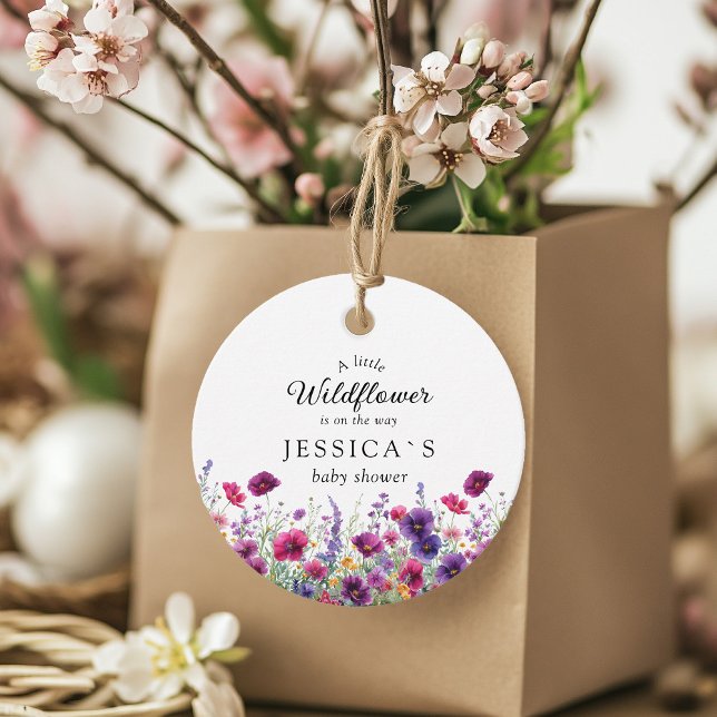 Wildblomma, Lila-Rosa-blomma babyskor Gåvor Etiketter (Wildflower, Purple-Pink-Flower Baby Shower Favor Tags with your Name & Date. For Baby Girl & Boy.)