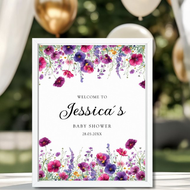 Wildblomma, Lila-Rosa-blomma babyskor Poster (Elegant, White, Minimal Wedding Welcome Poster, Pink, Purple, Wildflowers with your Name & Date.)