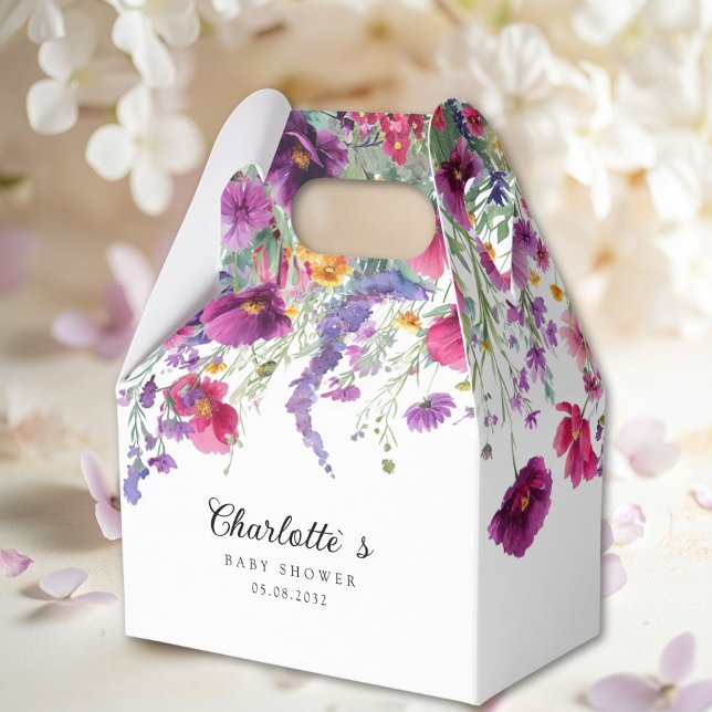 Wildblomma, Lila-Rosa-blomma babyskor Presentaskar (Wildflower, Purple-Pink-Flower Baby Shower Favor Boxes with your Name & Date. For Baby Girl & Boy.)
