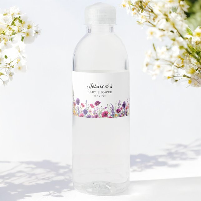 Wildblomma, Lila-Rosa-blomma babyskor Vattenflaskor Etikett (Wildflower, White-Purple-Pink-Flower Baby Shower Water Bottle Label with your Name and Date.)