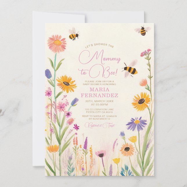 Wildblomma Mamma till Bee Baby Shower Rosa Inbjudningar (Framsida)