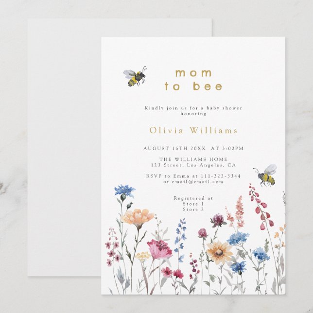Wildblomma Mamma till Bee Meadow Baby Shower Inbjudningar (Fram/baksida)