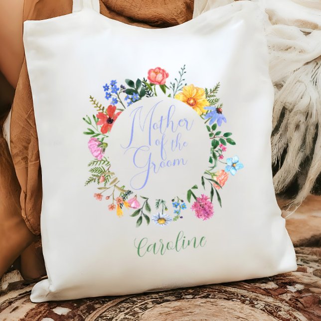 Wildblomma Mor i Groom Script Bröllop Tygkasse (Watercolor Rustic Wildflower Mother of the groom tote bag gift)