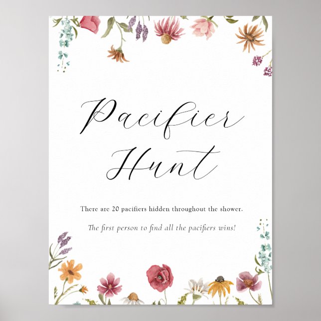 Wildblomma Nappar Hunt Baby Shower Game Sign Poster (Framsidan)