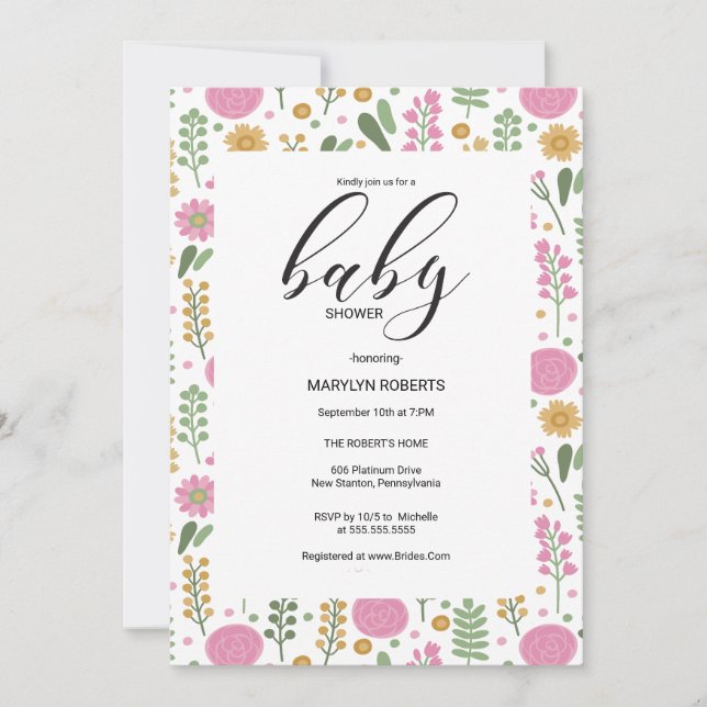 Wildblomma Naturligt Bloom Ram Inbjudan Baby Showe (Framsida)