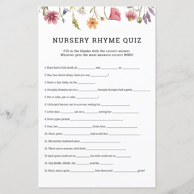 Wildblomma Nursery Rhymes Quiz Baby Shower-spel (Framsida)