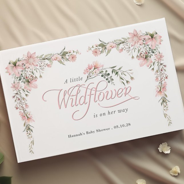Wildblomma och grå, Elegant flicka dusch Gästböcker (watercolor pink flower and greenery, little wildflower themed baby girl shower guest book.)