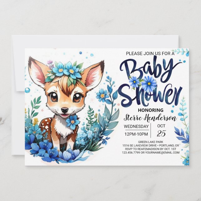 Wildblomma och Hjort Baby Shower for Boy Inbjudningar (Framsida)