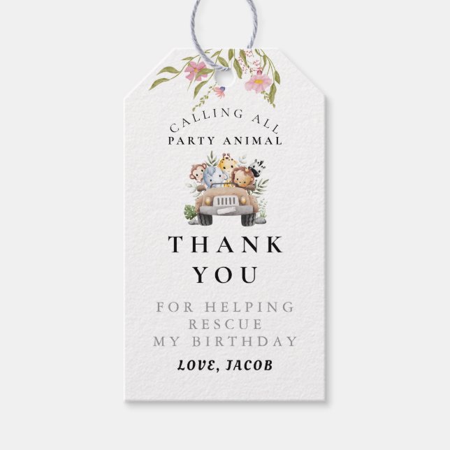 Wildblomma Party Animal Birthday Tack Presentetikett (Framsidan)