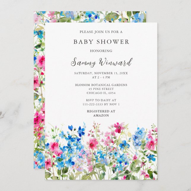 Wildblomma Rosa och Blue Blommigt Baby Shower Inbjudningar (Fram/baksida)
