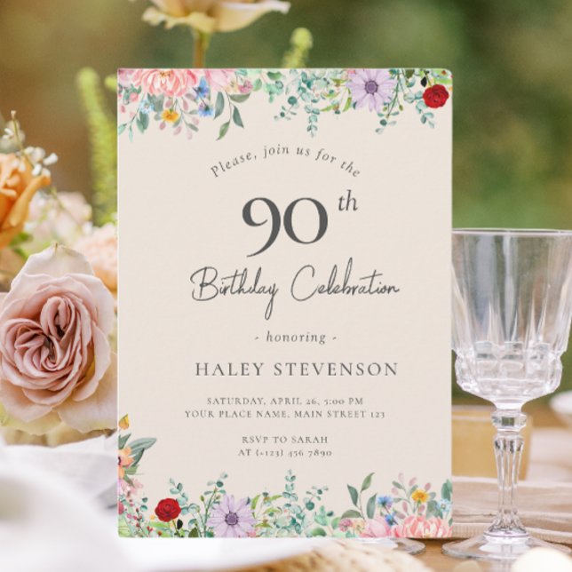 Wildblomma Rustic Boho 90:e Birthday Simple Beige Inbjudningar (Skapare uppladdad)