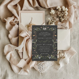 Wildblomma Rustic Boho Blommigt Black Bröllop Inbjudningar