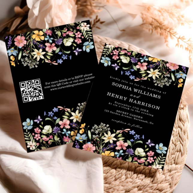 Wildblomma Rustic Chic Black Bröllop QR-kod Inbjudningar (Skapare uppladdad)