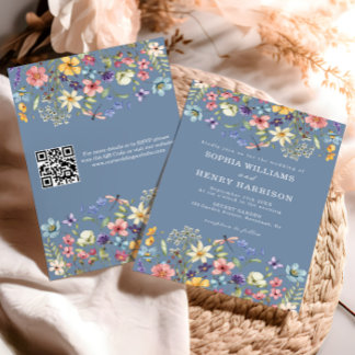 Wildblomma Rustic Chic Blue Bröllop QR-kod Inbjudningar