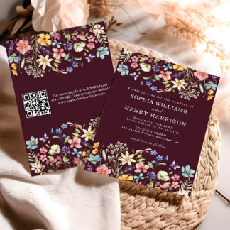 Wildblomma Rustic Chic Burgundy Bröllop QR-kod Inbjudningar