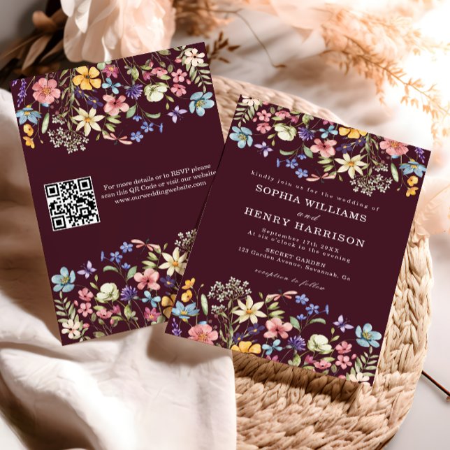 Wildblomma Rustic Chic Burgundy Bröllop QR-kod Inbjudningar (Skapare uppladdad)