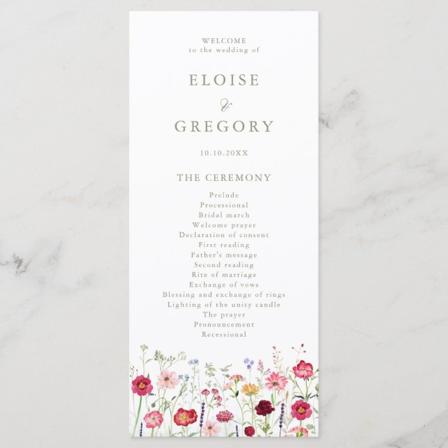 Wildblomma Rustic Land Blommigt Garden Wedding Program (Framsida)