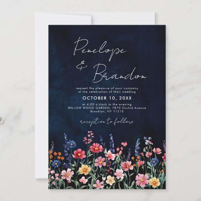 Wildblomma Rustic Land Boho Blommigt Navy Bröllop Inbjudningar (Framsida)