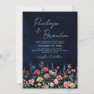 Wildblomma Rustic Land Boho Blommigt Navy Bröllop Inbjudningar