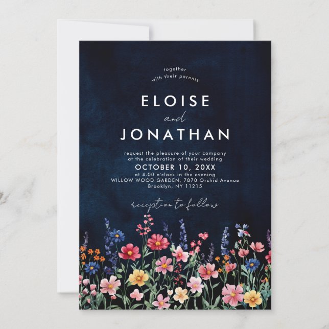 Wildblomma Rustic Land Boho Blommigt Navy Bröllop Inbjudningar (Framsida)