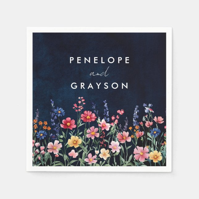 Wildblomma Rustic Land Boho Blommigt Navy Bröllop Pappersservett (Framsidan)
