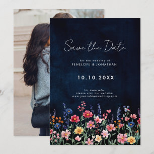 Wildblomma Rustic Land Boho Blommigt Navy Photo Spara Datumet
