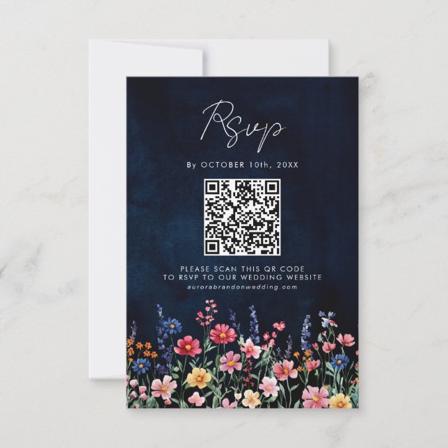 Wildblomma Rustic Land Boho Blommigt Navy QR-kod OSA Kort (Framsida)