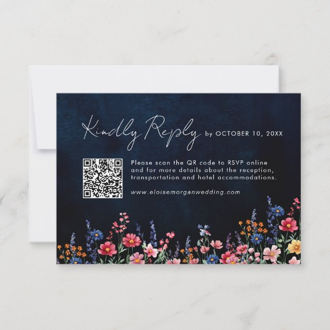Wildblomma Rustic Land Boho Blommigt Navy QR-kod OSA Kort (Framsida)