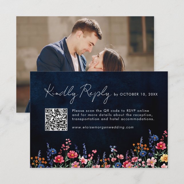 Wildblomma Rustic Land Boho Navy QR-kod Foto OSA Kort (Fram/baksida)